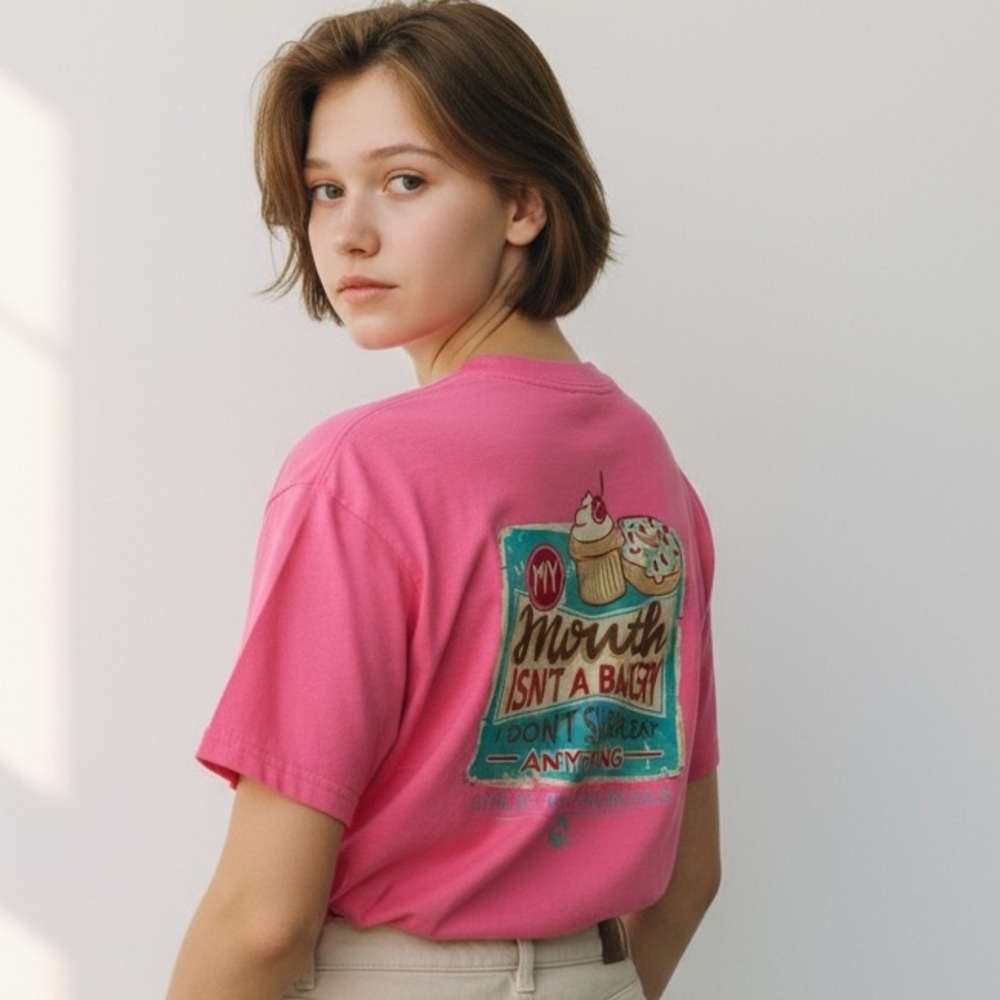 XL HUMOROUS BAKERY MOTH Pink Graphic T-Shirt with Cupcake Design HOT PINK NWOT